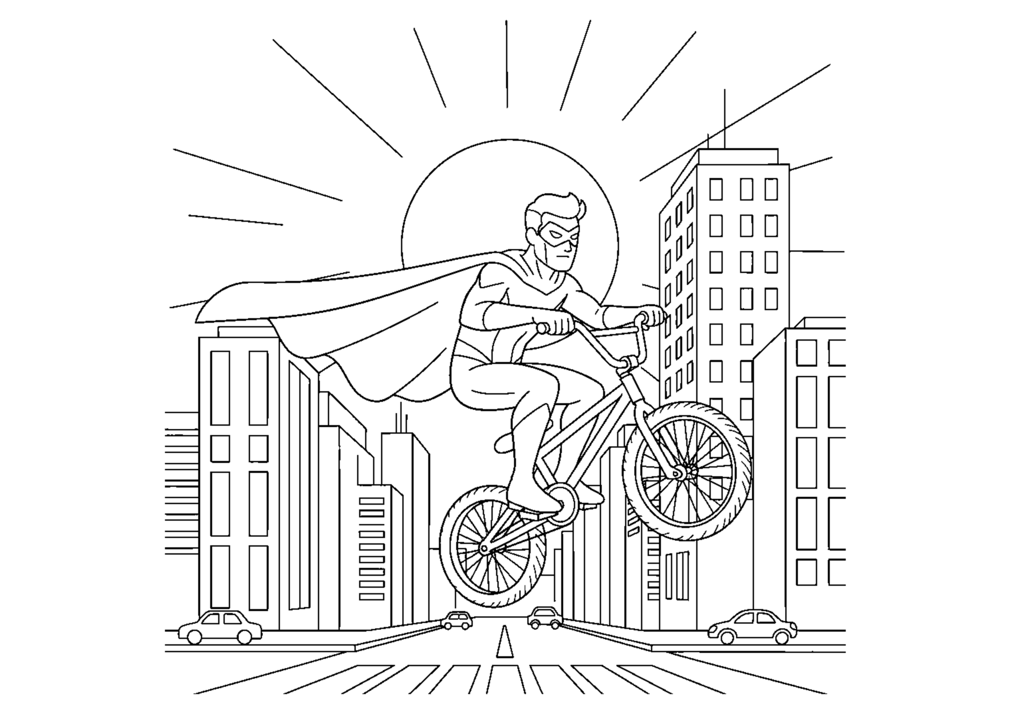 Superheld voert BMX-sprong uit over stadsstraat kleurplaat om af te drukken