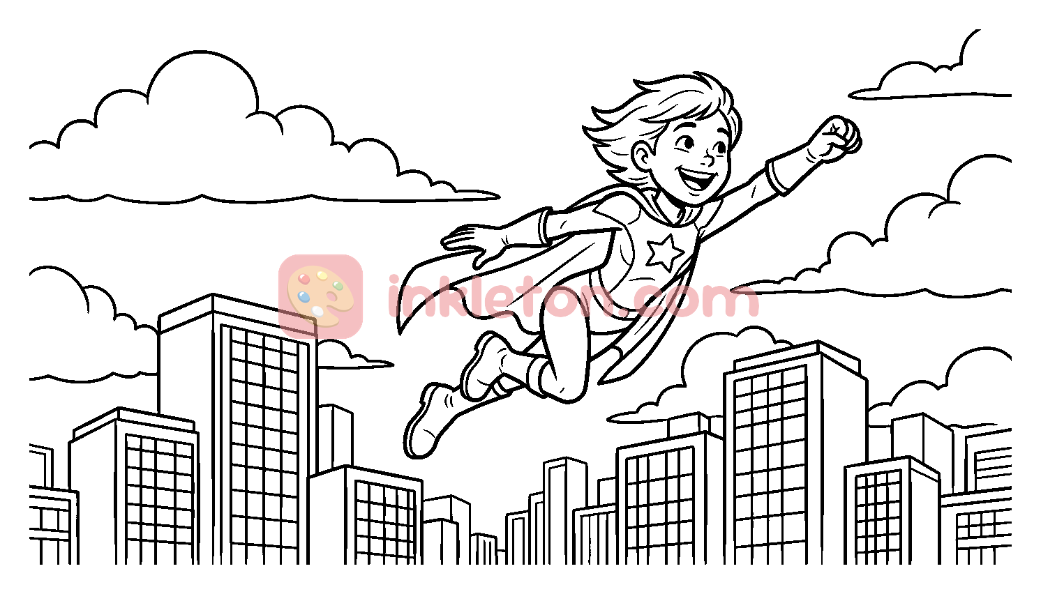 Kid Superhero Flying Over a City coloring page to print