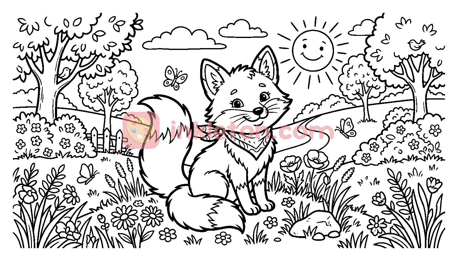 Niedlicher Fuchs mit einem Bandana auf einer sonnigen Wiese Malvorlage zum Ausdrucken