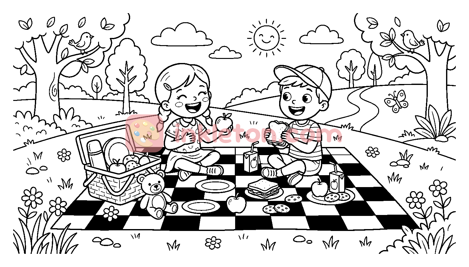 Kinder beim Picknick im Garten Malvorlage zum Ausdrucken