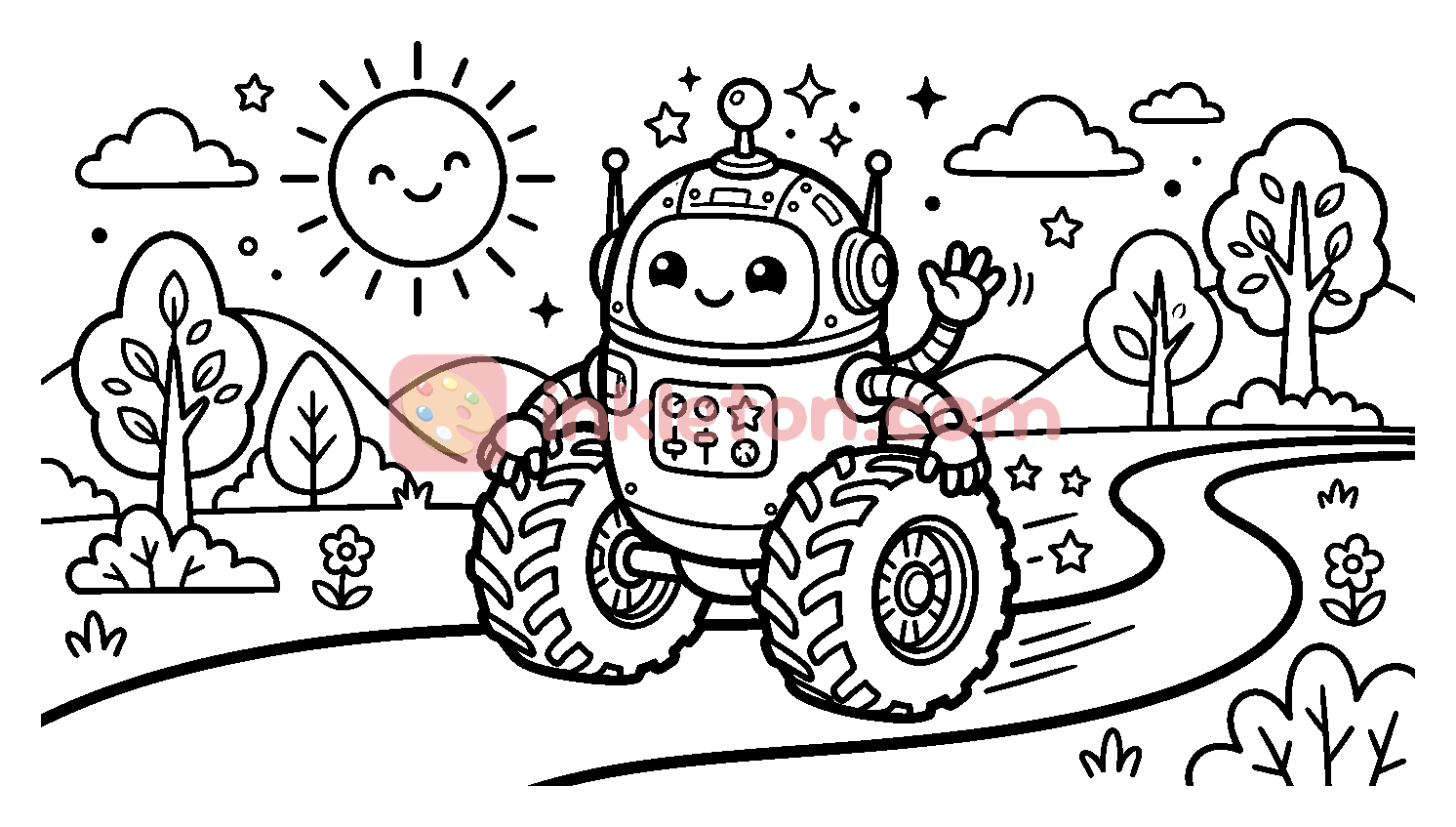 Friendly Robot on Wheels coloring page to print