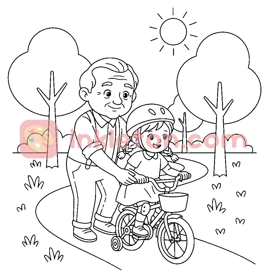 Grandfather Teaching Granddaughter to Ride a Bicycle coloring page to print