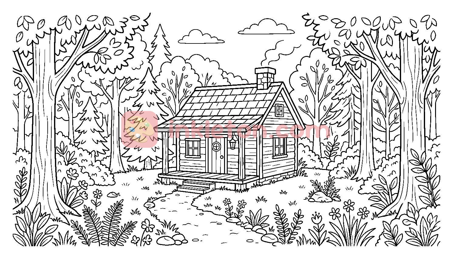 Cozy Log Cabin in the Forest coloring page to print