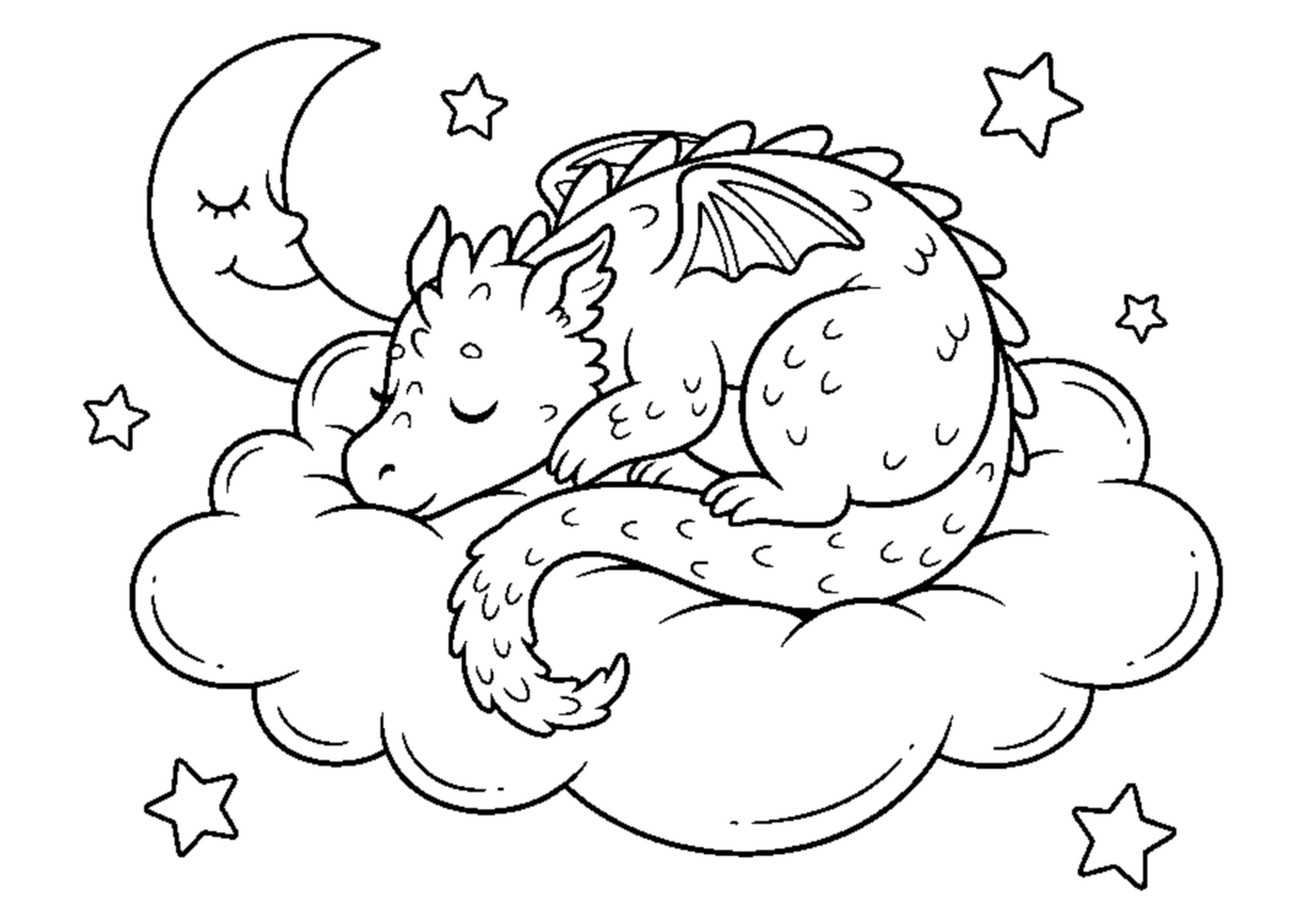 Page de coloriage Dragon dormant sur un nuage à imprimer