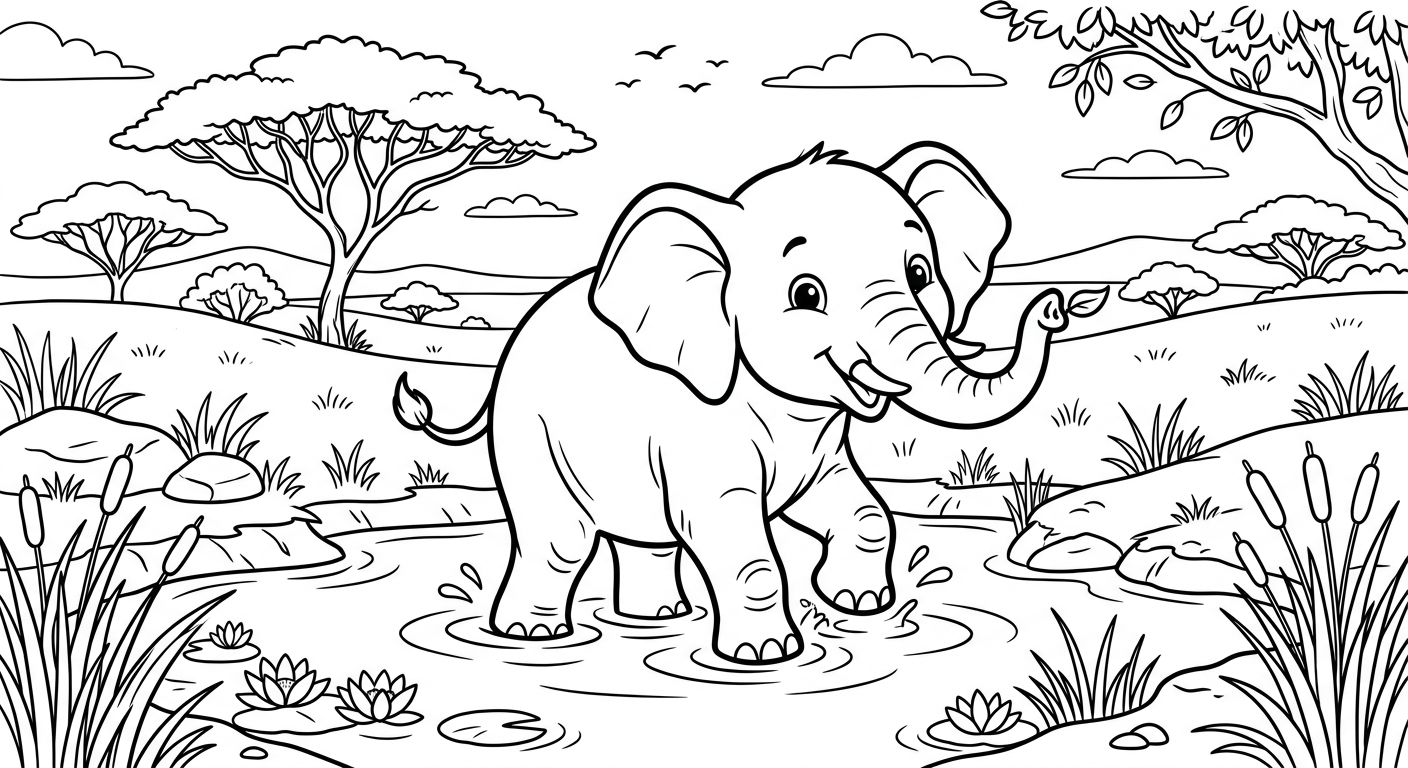 Página para colorir de Elefante Bebé numa Lagoa da Savana para imprimir