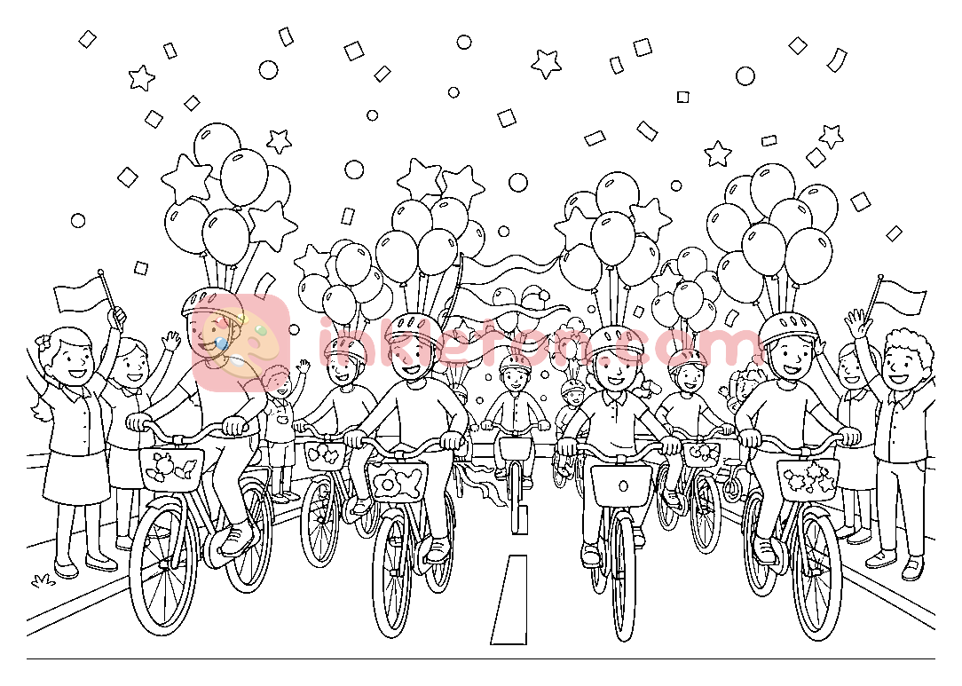 Sykkelparade med ballonger og konfetti fargeleggingsside til utskrift