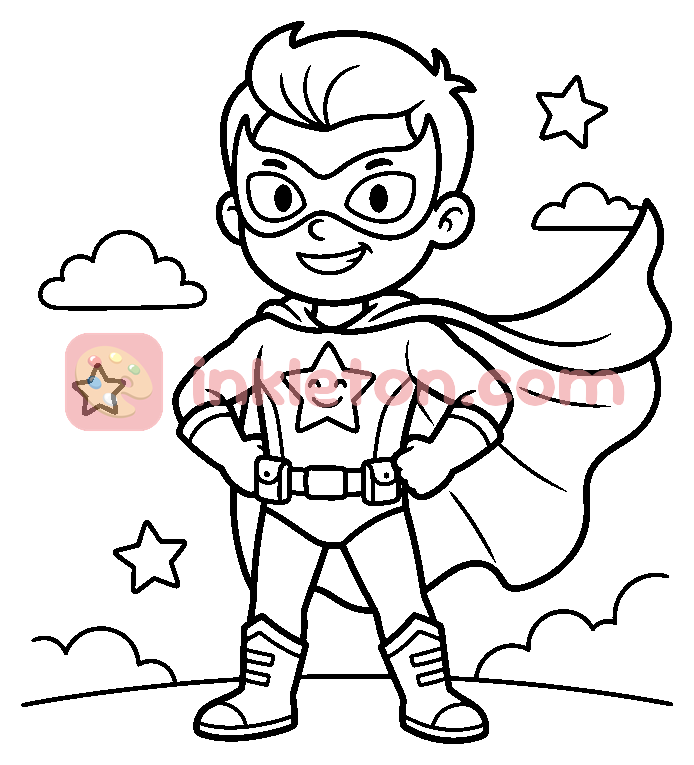 Smiling Boy Superhero with Cape and Star Emblem coloring page to print
