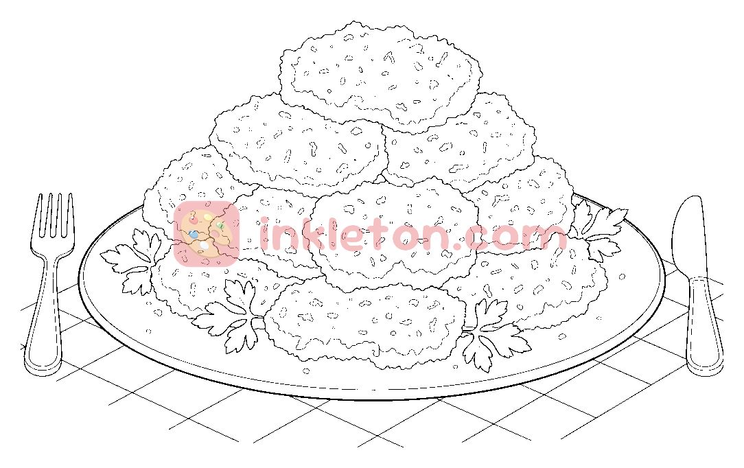 Ein Teller mit goldenen Bacalhau-Krapfen Malvorlage zum Ausdrucken