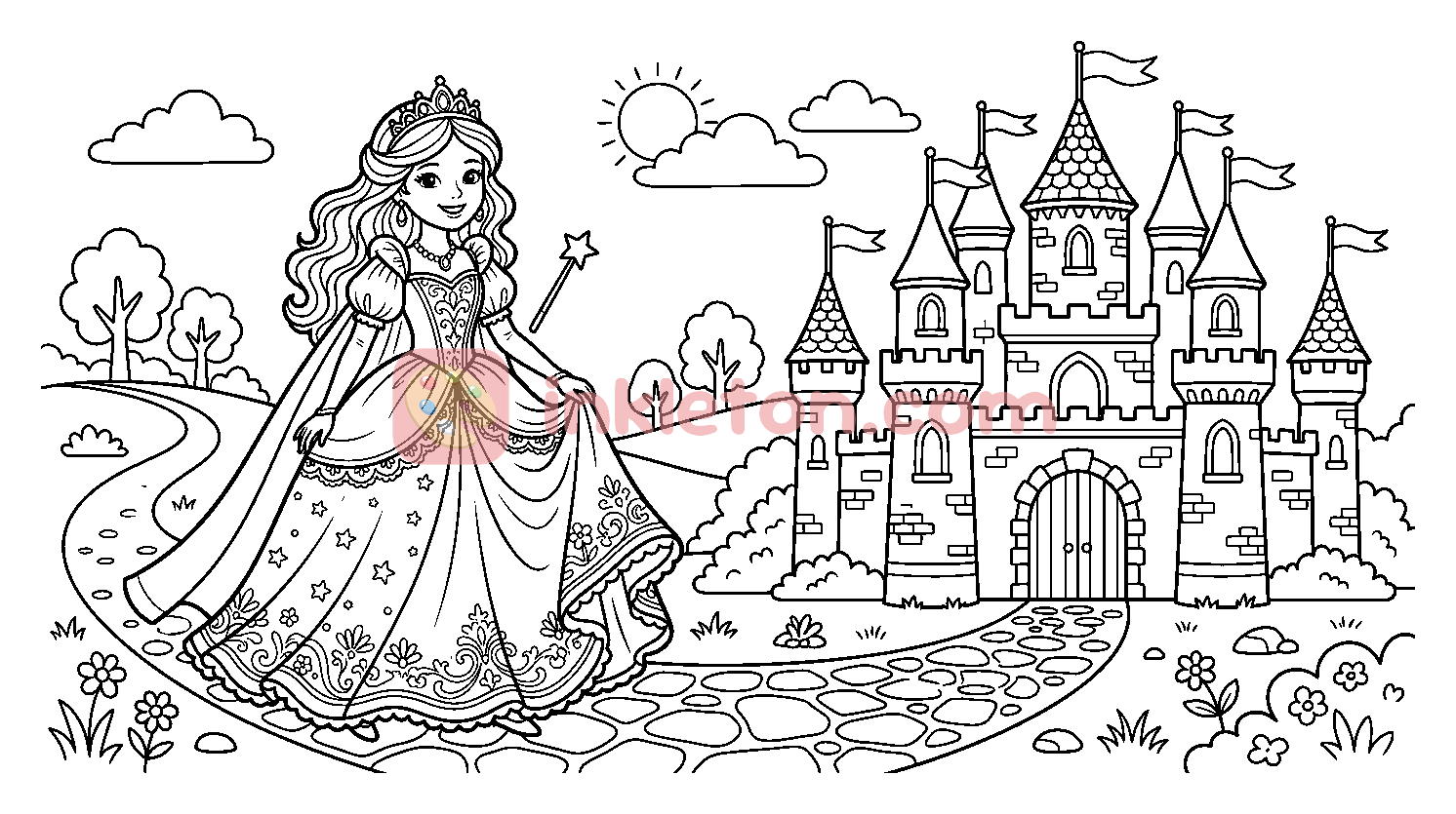 Princess in Front of a Castle coloring page to print