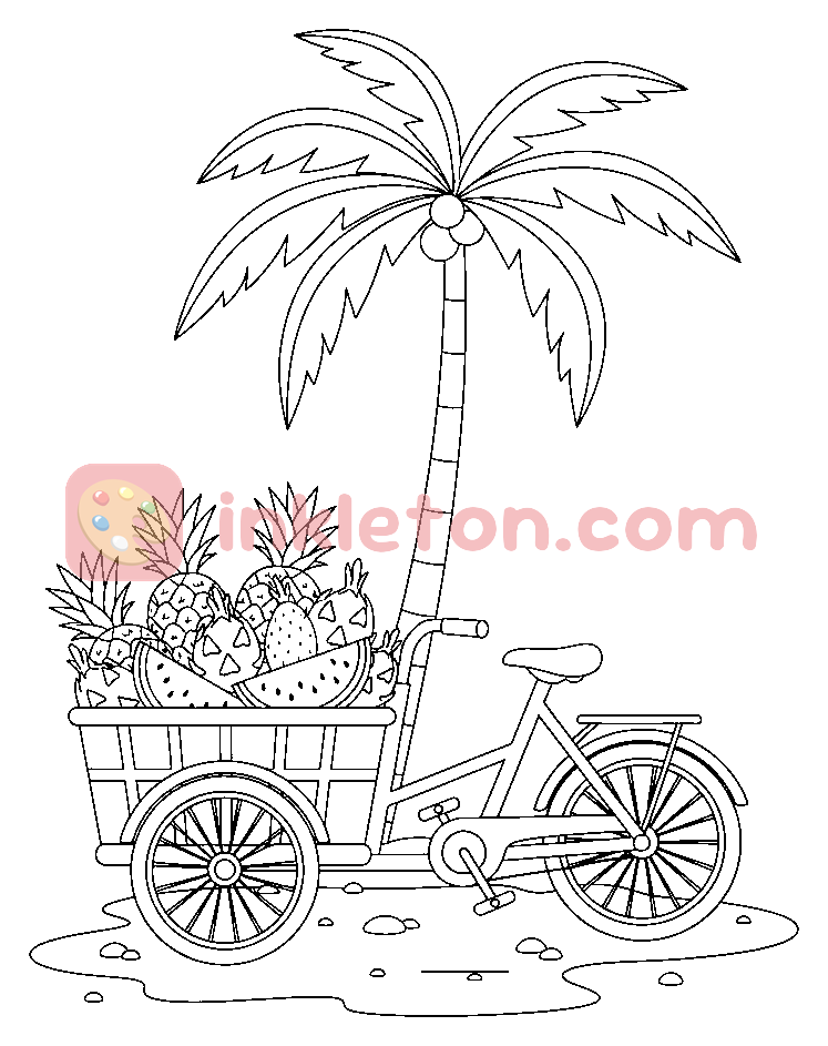 Page de coloriage Trike de livraison de fruits tropicaux à imprimer