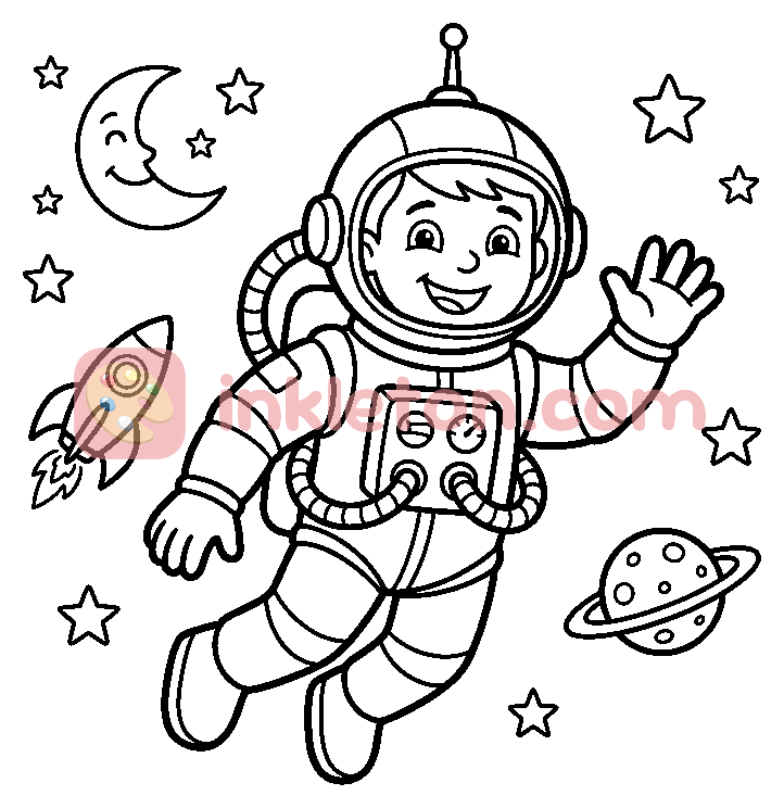 Página para colorear de Astronauta feliz saludando en el espacio para imprimir