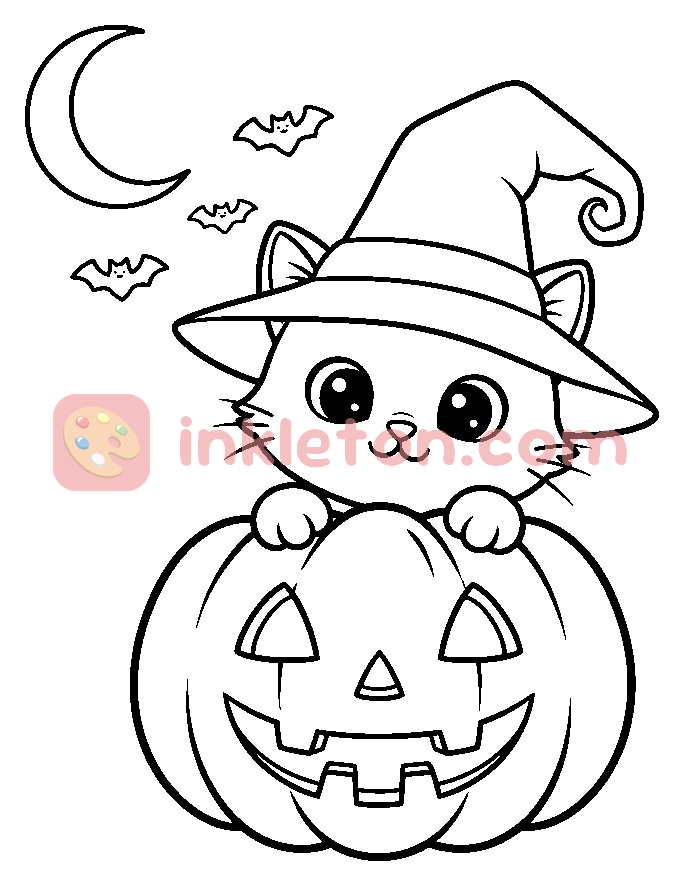Página para colorear de Gatito de Halloween y calabaza tallada para imprimir