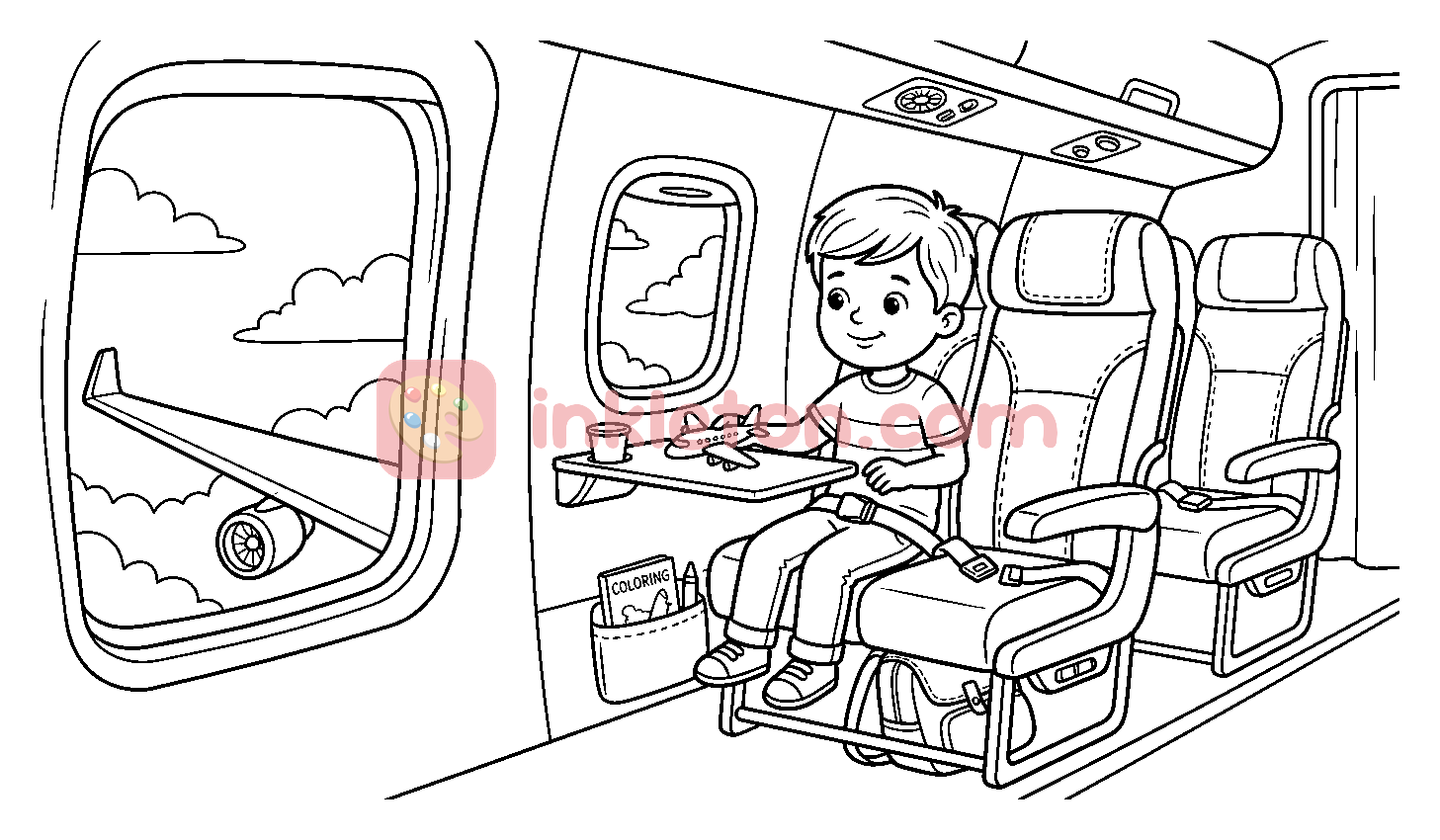 Boy Playing with Toy Airplane on a Flight coloring page to print