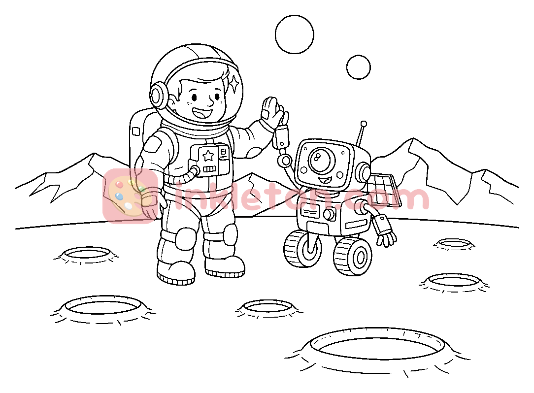 Pagina da colorare Astronauta e robot su Marte da stampare