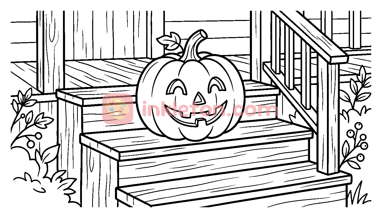 Jack-o'-Lantern on Wooden Porch Steps coloring page to print