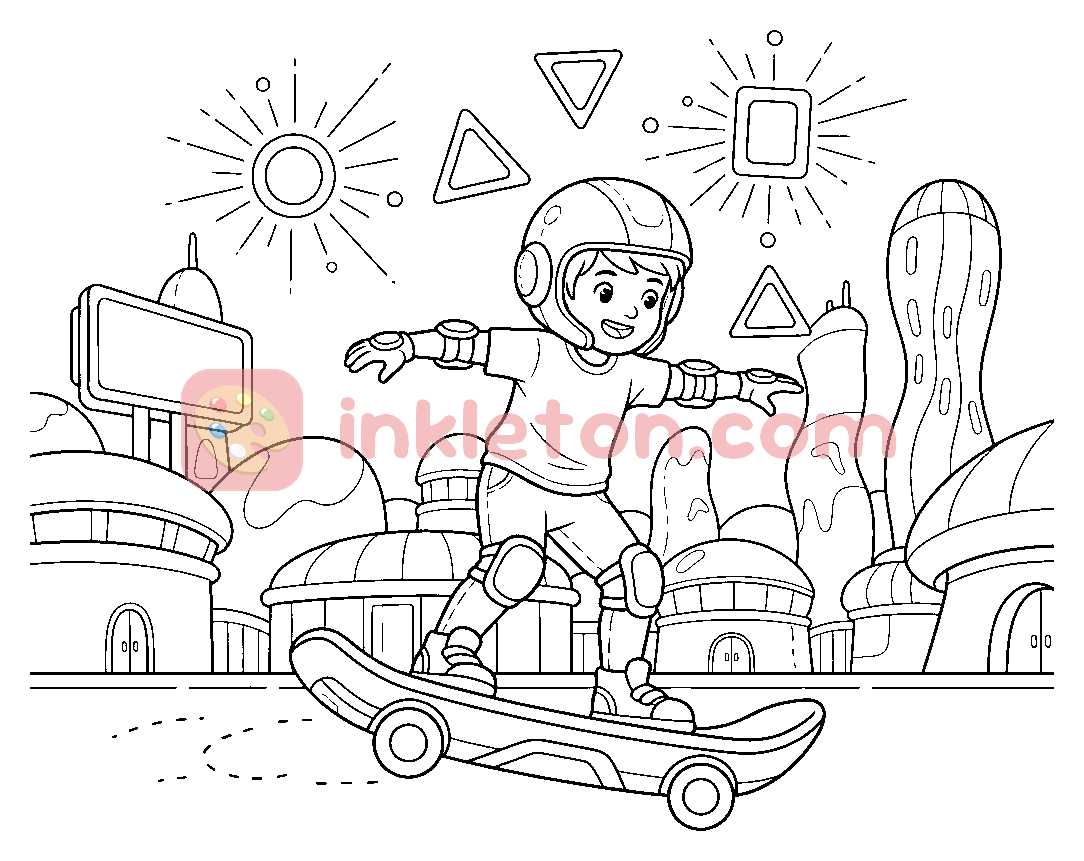 Página para colorir de Hover-Skateboarder da Cidade do Futuro para imprimir