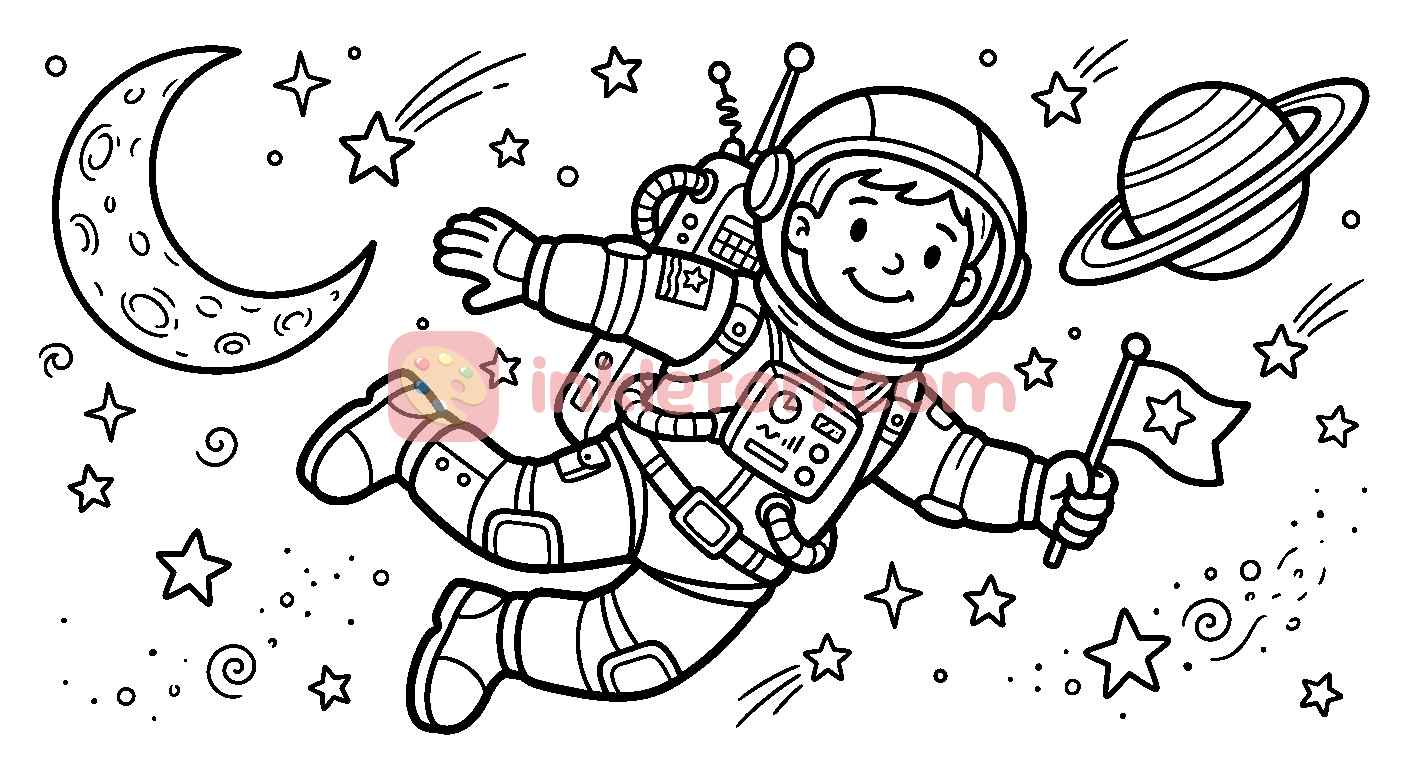 Junger Astronaut schwebt im Weltraum Malvorlage zum Ausdrucken