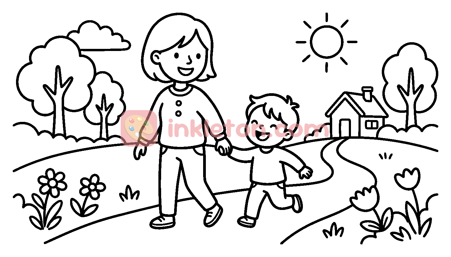 Mother and Son Walking on a Sunny Day coloring page to print