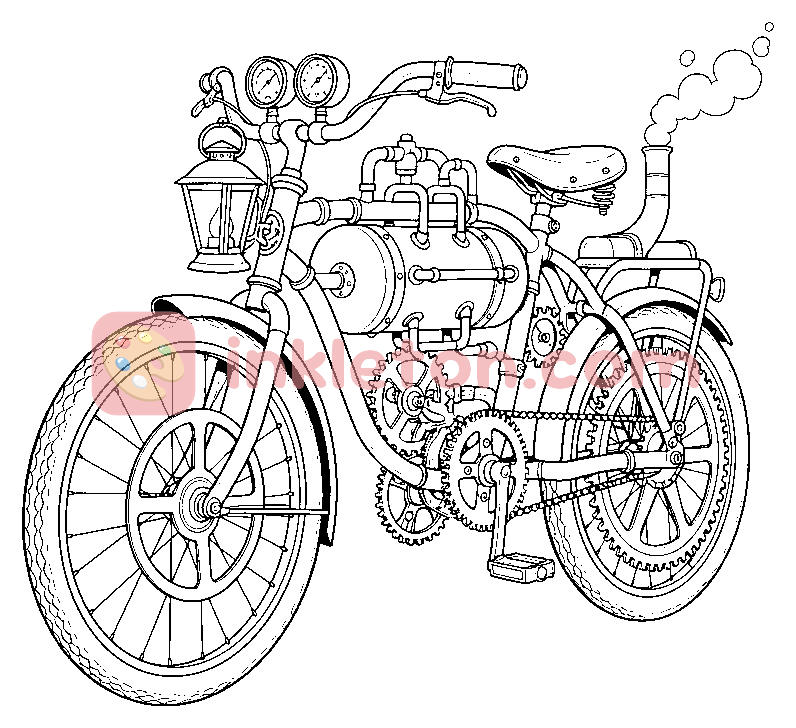 Page de coloriage Bicyclette mécanique à vapeur à imprimer