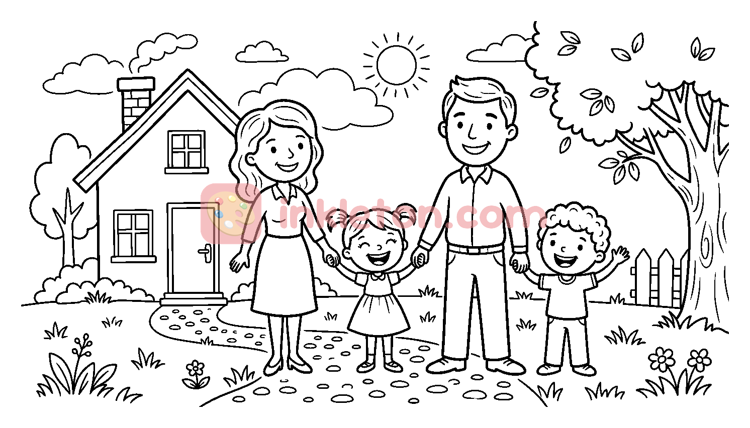 Happy Family in Front of Their Home coloring page to print