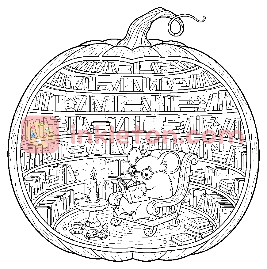 Página para colorear de La biblioteca de calabazas del ratón para imprimir