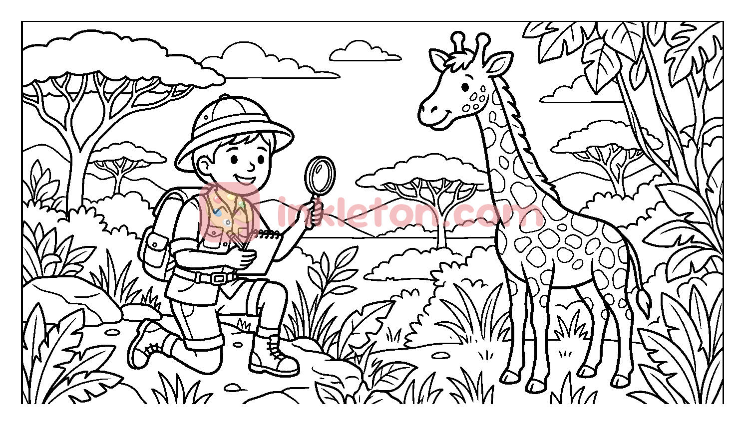Young Explorer and Giraffe in the Savanna coloring page to print