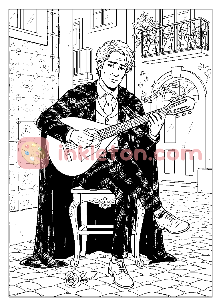 Page de coloriage Guitariste de fado à Alfama à imprimer