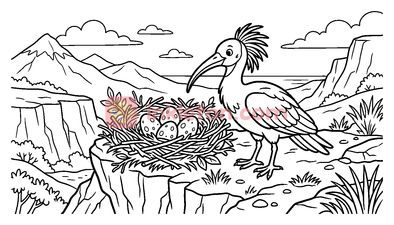 Crested Bird and Nest on a Mountain Cliff coloring page to print