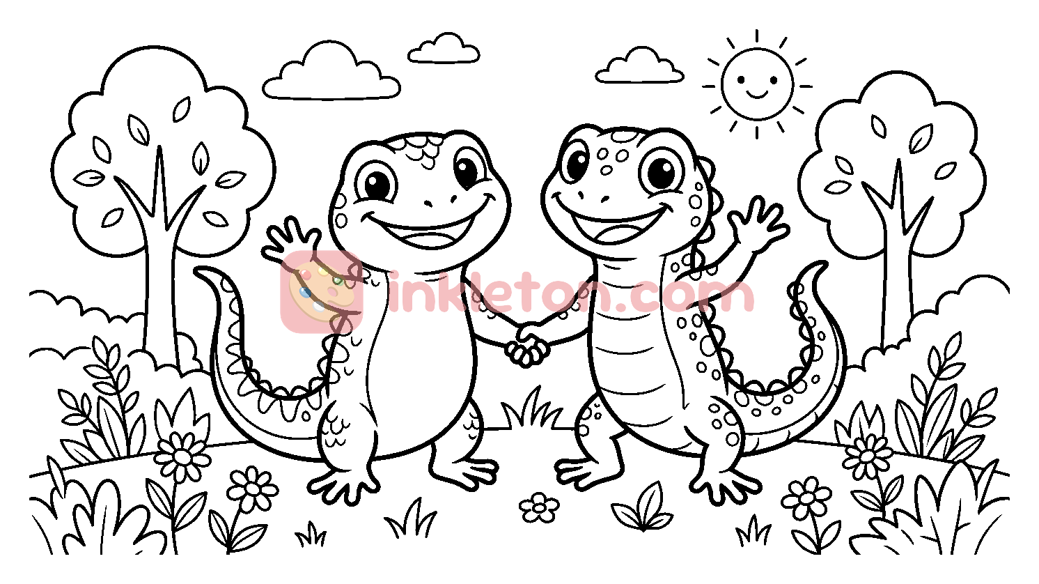 Two Friendly Lizards Holding Hands coloring page to print