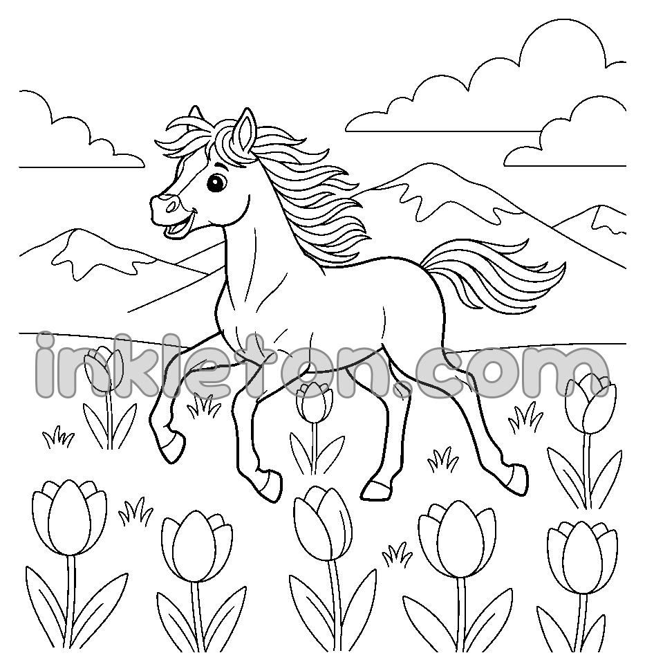 Foal Running through Tulips