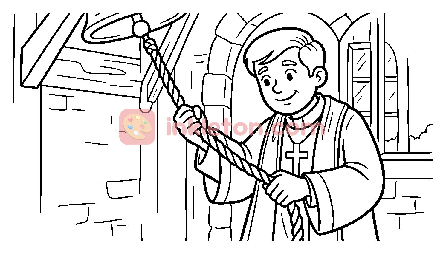 Priest Ringing a Church Bell coloring page to print