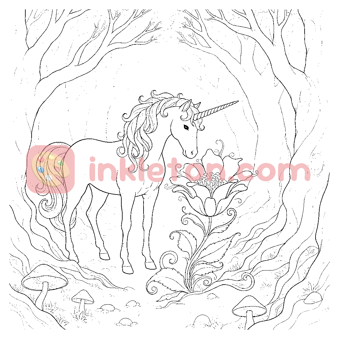 Página para colorear de El prado encantado del unicornio para imprimir