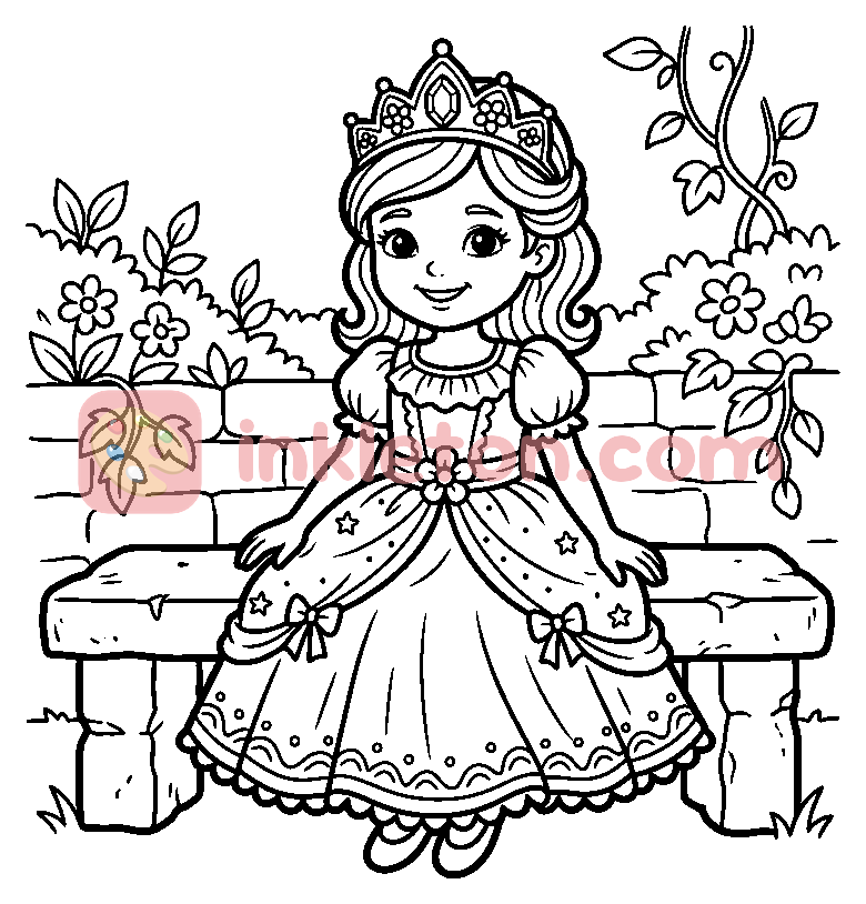 Prinzessin sitzt auf einer Gartenbank Malvorlage zum Ausdrucken