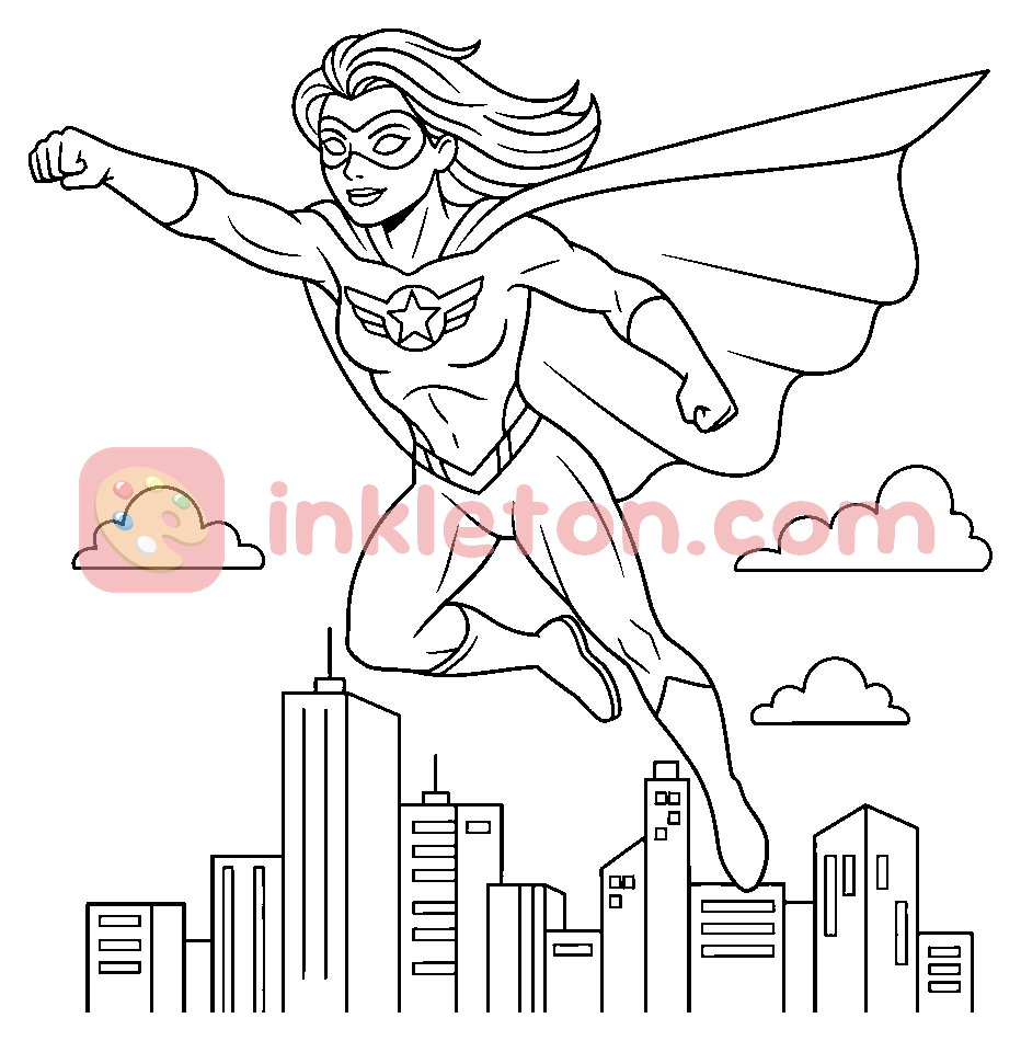 Female Superhero Flying Through Asteroids coloring page to print