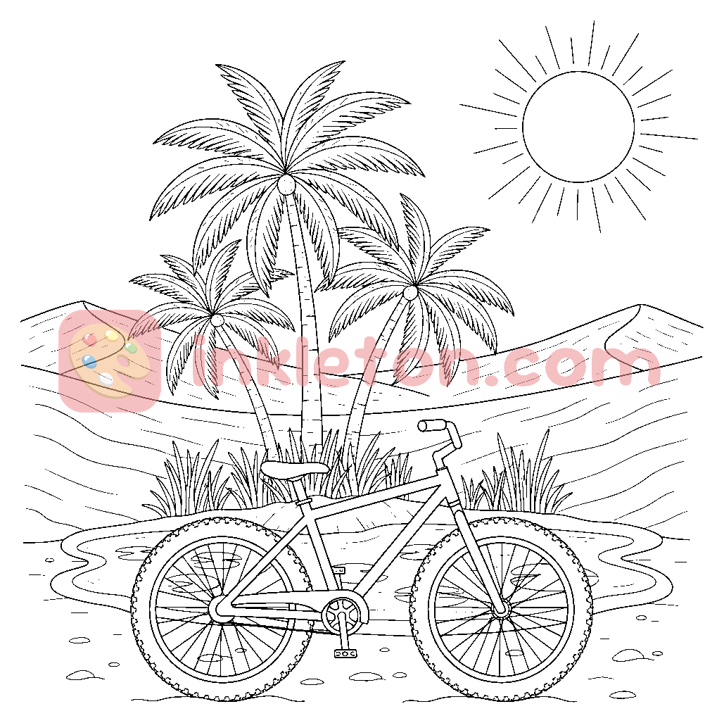 Page de coloriage Aventure en vélo sur sable dans l'oasis du désert à imprimer