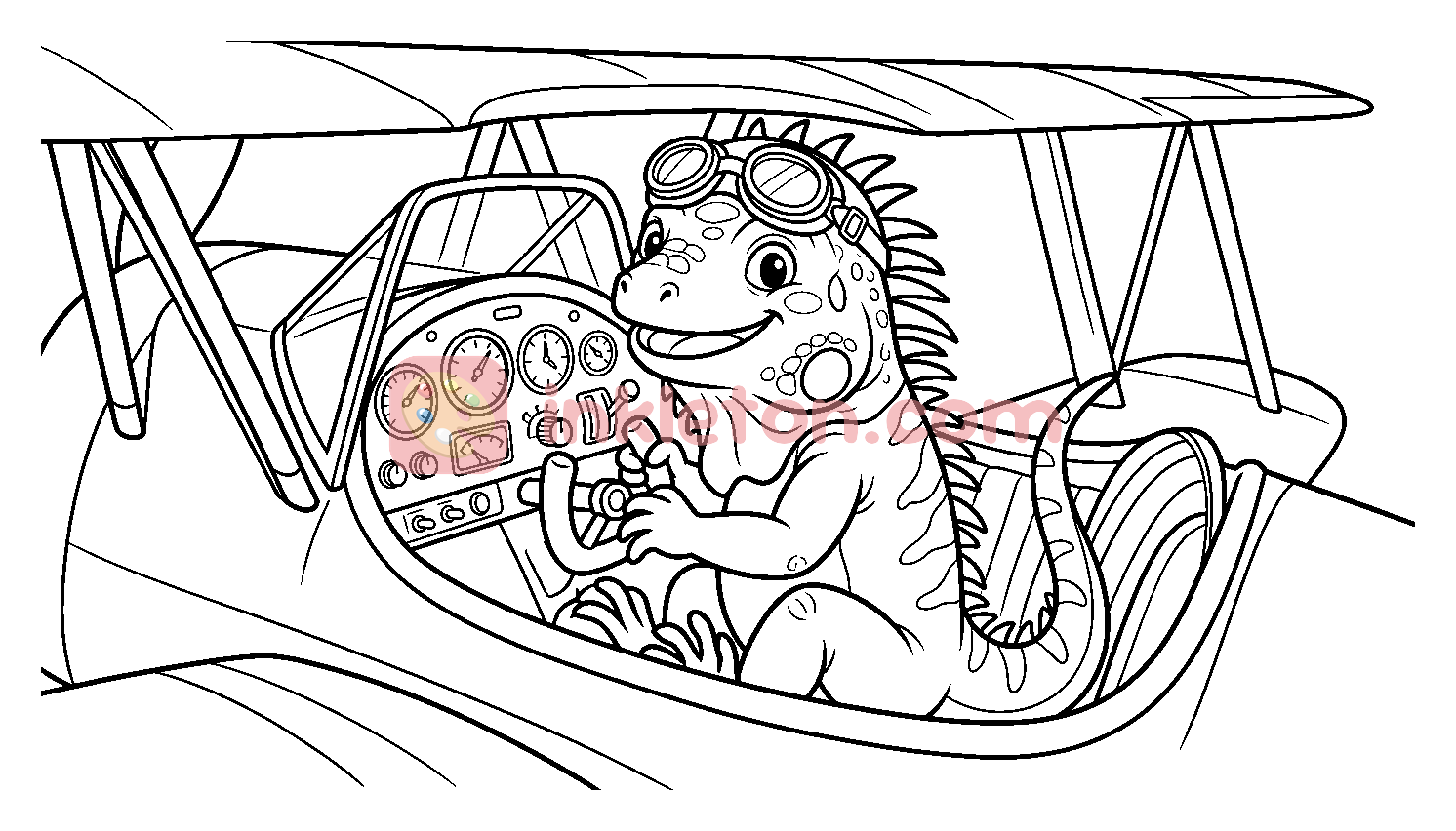 Iguana Pilot in a Biplane Cockpit coloring page to print