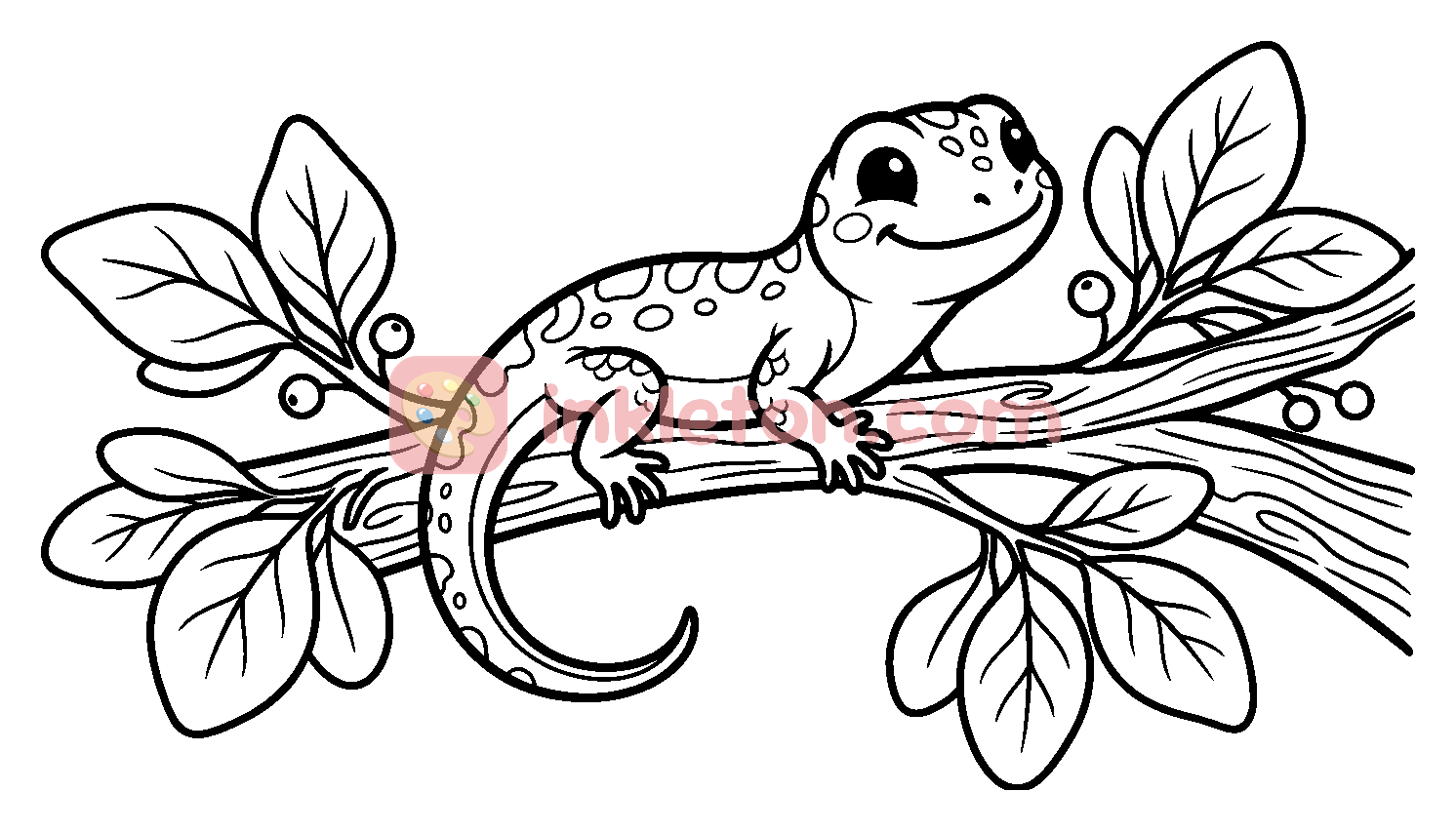 Cute Gecko on a Tree Branch coloring page to print