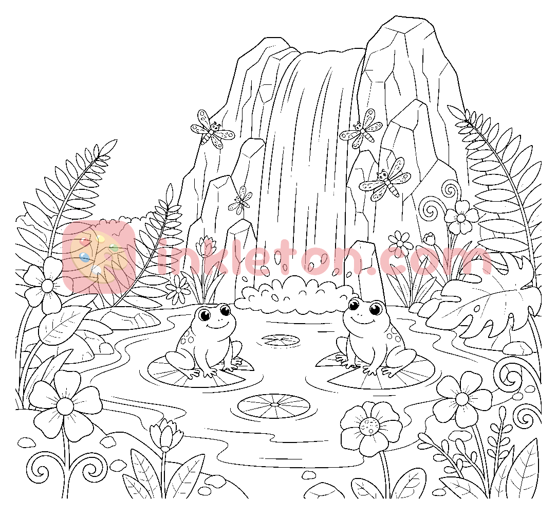 Página para colorir de Jardim secreto com cascata para imprimir