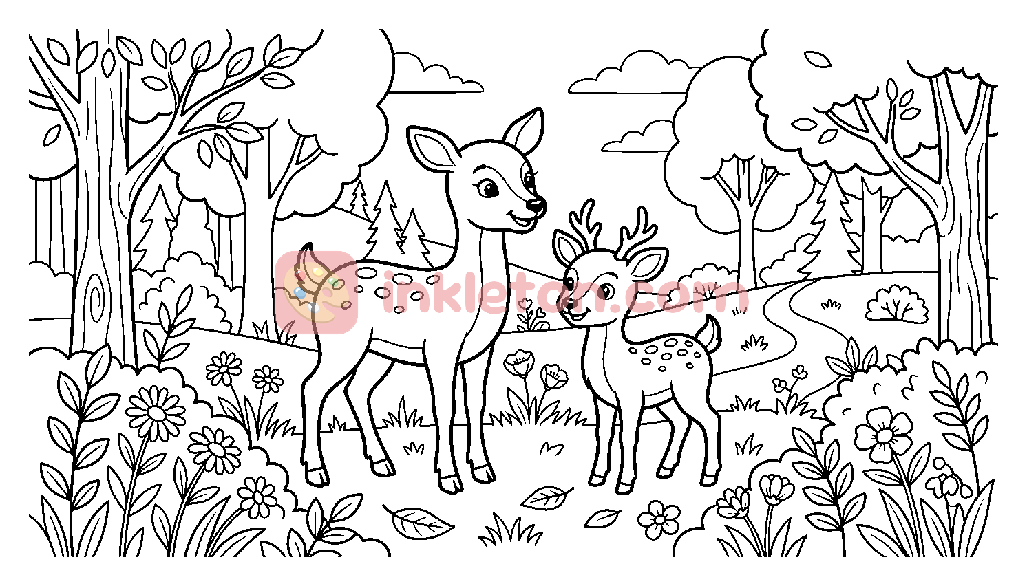 Two Deer in a Flowery Forest Clearing coloring page to print