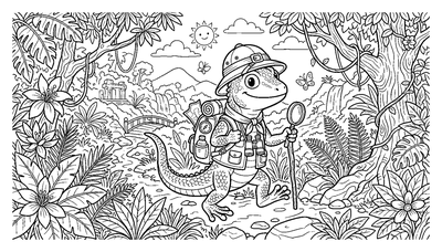 Lizard Explorer Hiking in the Jungle coloring page to print