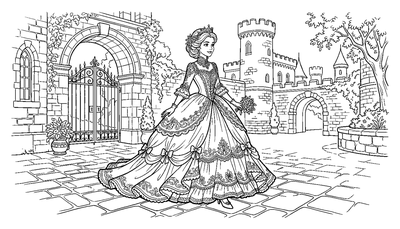 Page de coloriage Princesse en robe de bal dans la cour d'un château à imprimer