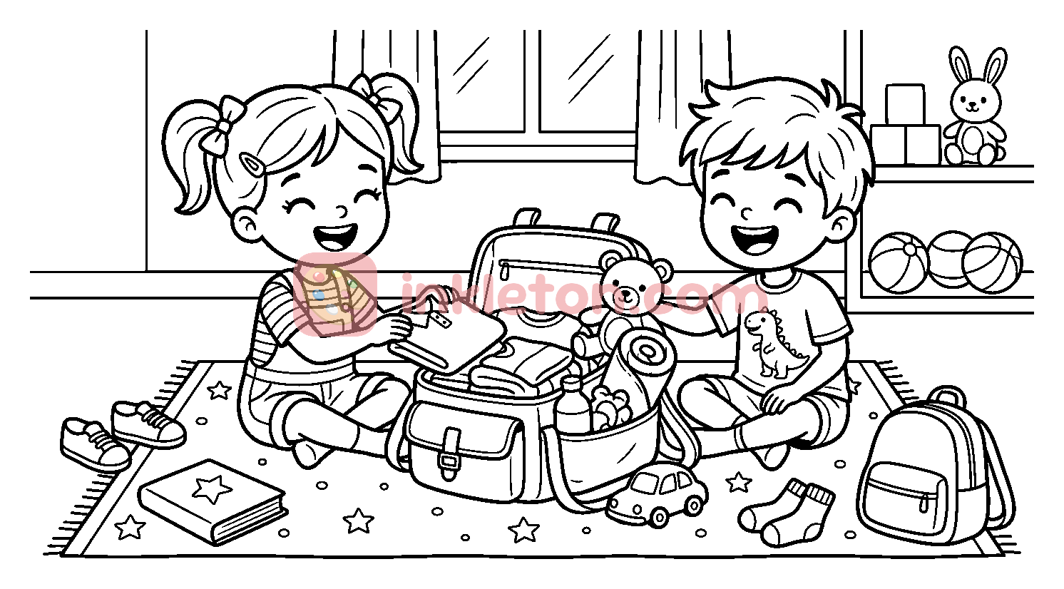 Children Packing a Travel Bag coloring page to print