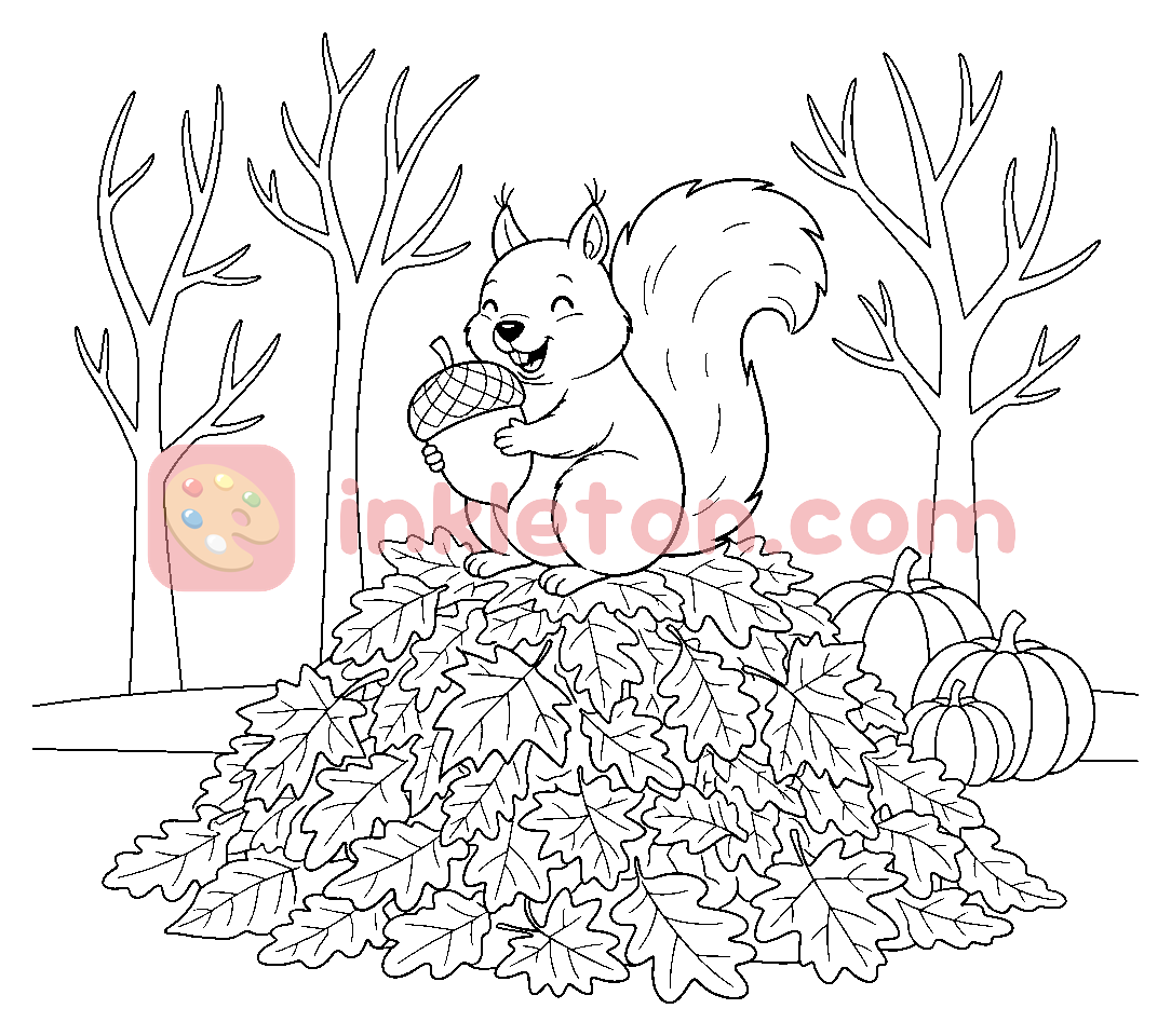 Page de coloriage Récolte de glands par l'écureuil d'automne à imprimer