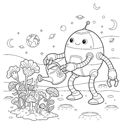 Robot-tuinman op de maan kleurplaat om af te drukken