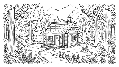 Cozy Log Cabin in the Forest coloring page to print