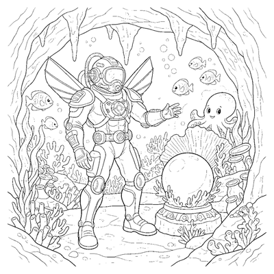 Diver Guarding a Giant Pearl Underwater coloring page to print