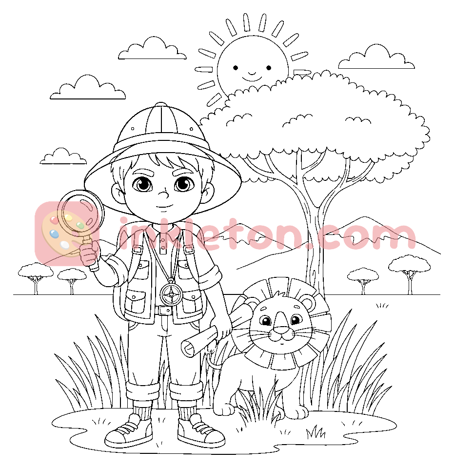 Explorer's Jungle Greeting coloring page to print
