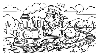 Lizard Conductor on a Steam Train coloring page to print