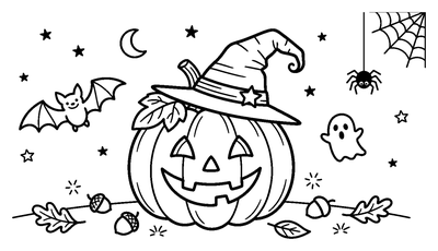 Halloween Pumpkin with Witch Hat and Spooky Friends coloring page to print