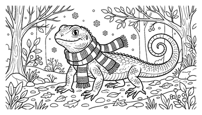 Lizard Wearing a Scarf in a Winter Forest coloring page to print